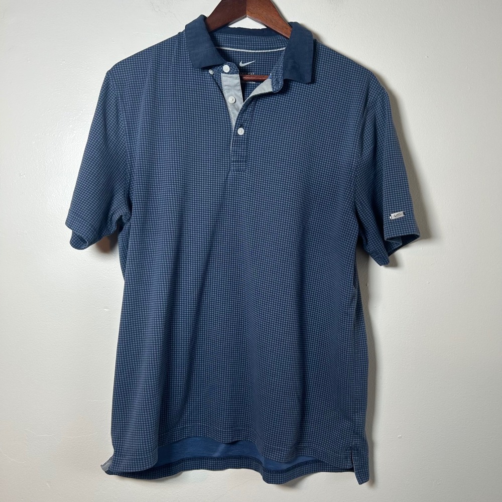 Nike Dri Fit Mens‎ Golf Polo Shirt Short Sleeve Blue Houndstooth Size L
